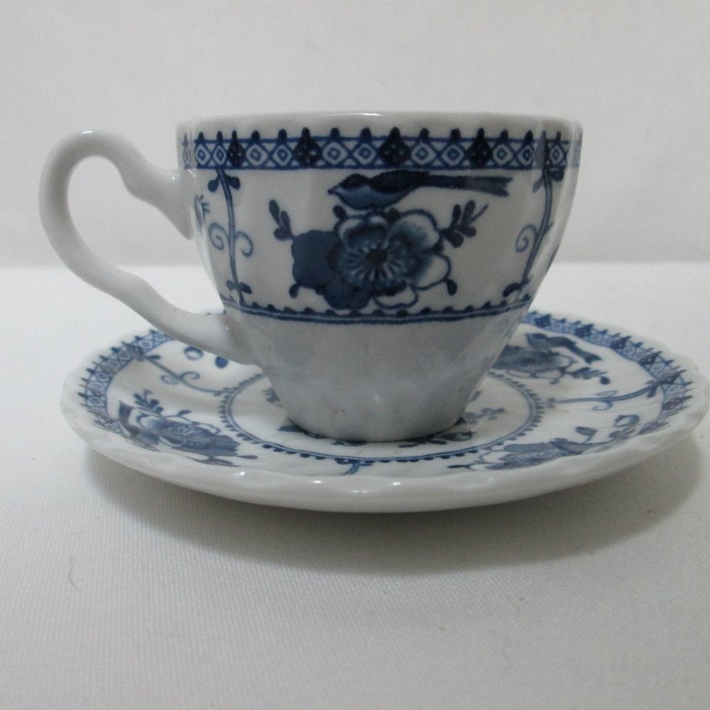 Johnson & Brothers England Small Espresso Indies Tea Saucer & Cup Blue & White